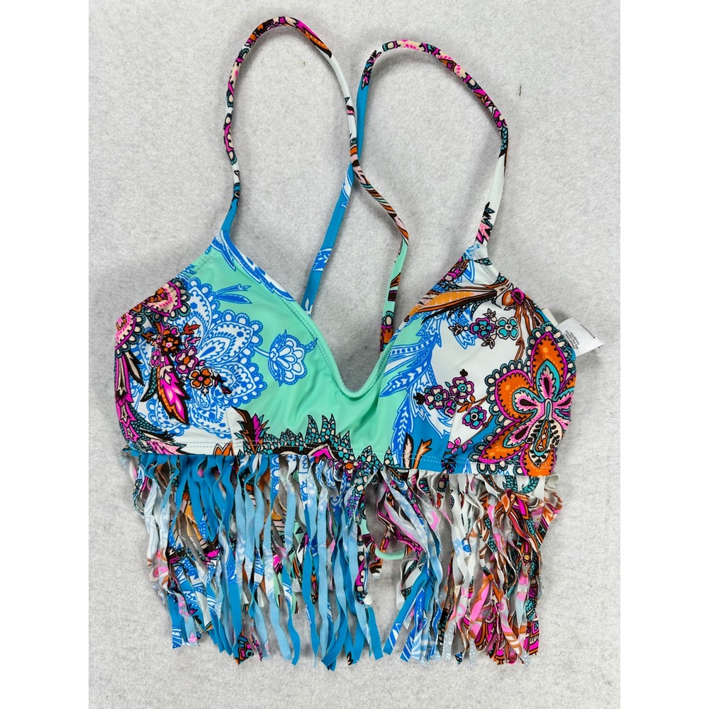 Hobie Womens Paisley Floral Fringe Bikini Top Turquoise Orange Blue M Medium